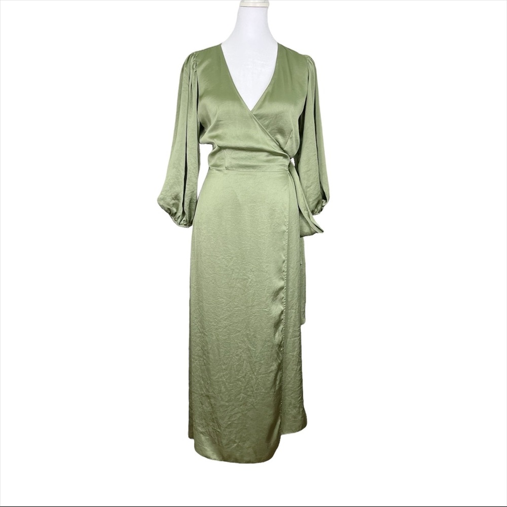 Aritzia Little Moon‎ Green Wrap V Neck Puffed sleeves Midi Dress Size Small